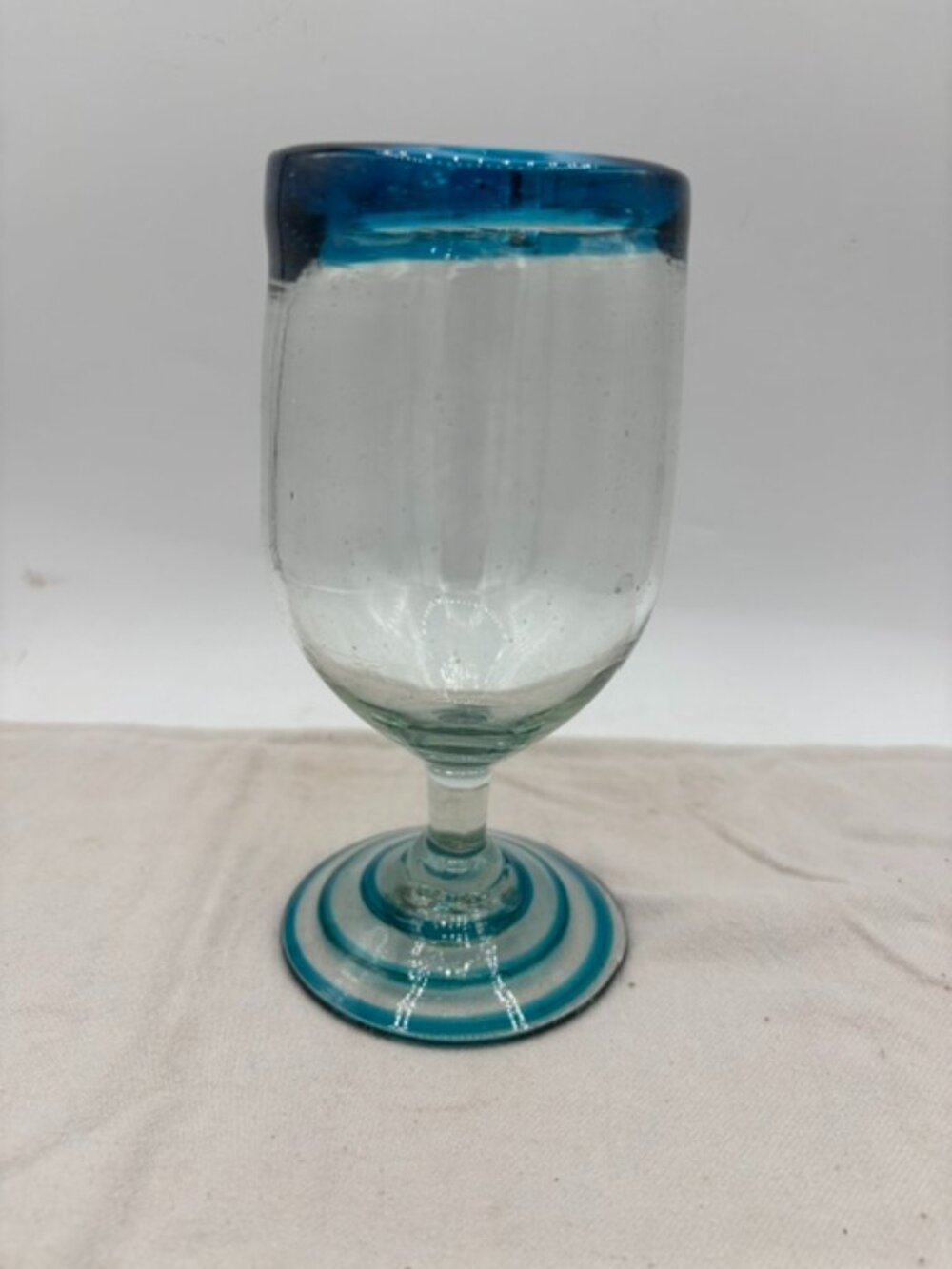 Vintage Hand blown Mexican Goblet Glass Teal Rim/Swirl Bottom